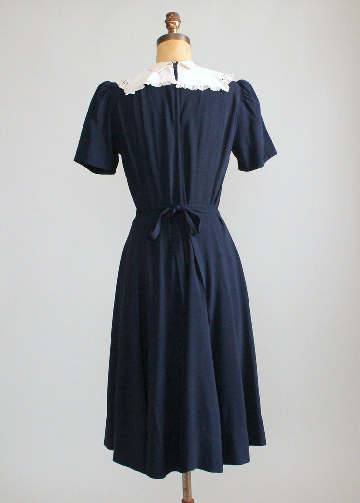 Vintage Late 1930s Navy Crepe Dress with Lace Collar | Raleigh Vintage