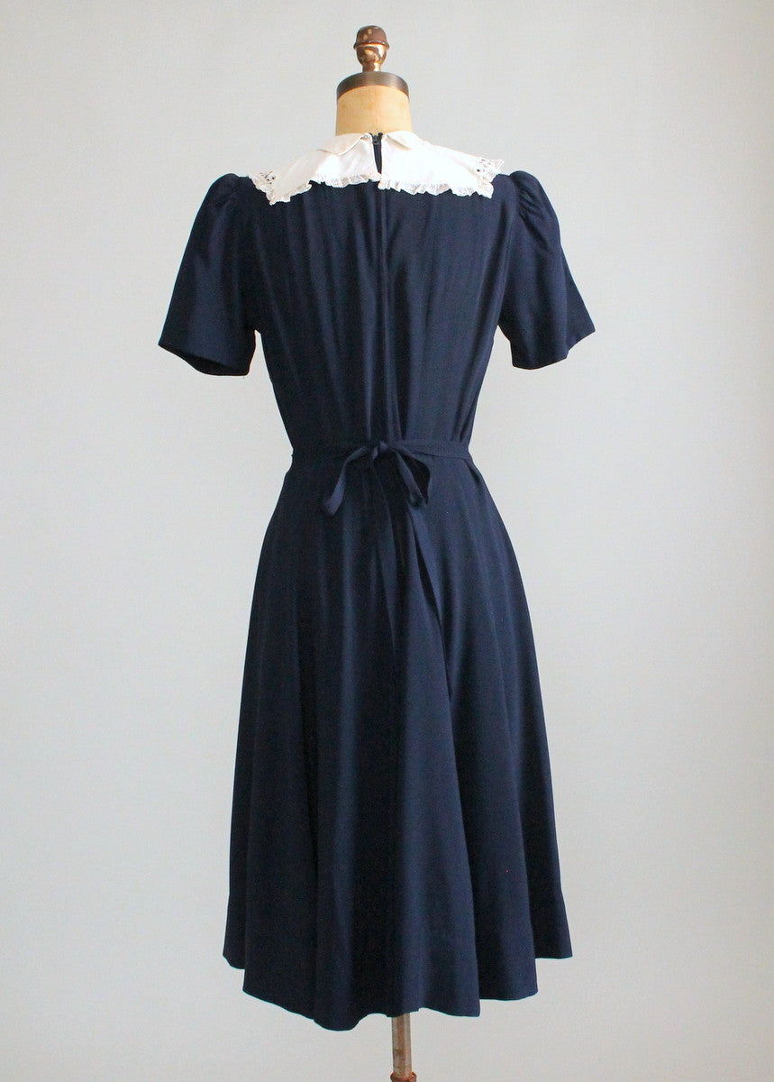 Vintage Late 1930s Navy Crepe Dress with Lace Collar - Raleigh Vintage