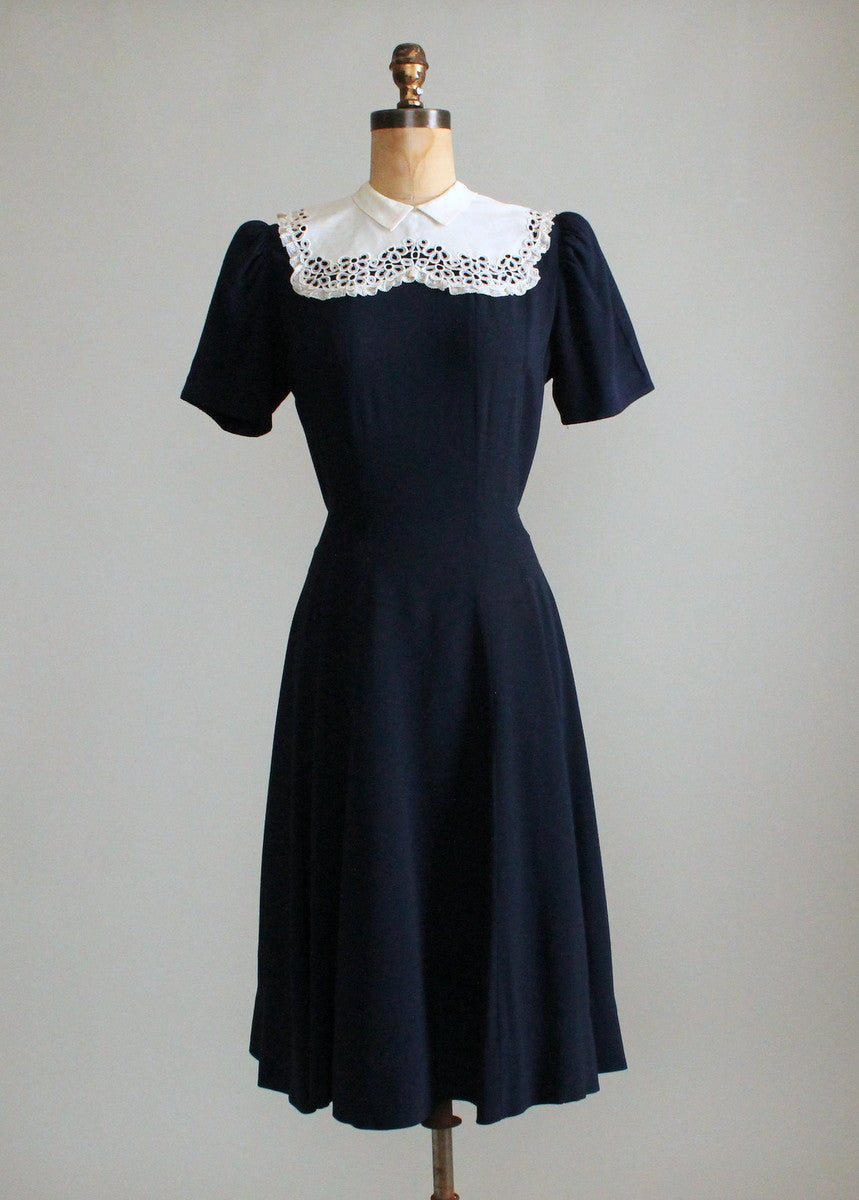 Vintage Late 1930s Navy Crepe Dress with Lace Collar - Raleigh Vintage