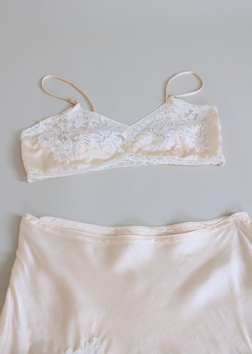 Vintage 1930s Ivory Silk and Lace Tap Pants and Bra Set - Raleigh Vintage