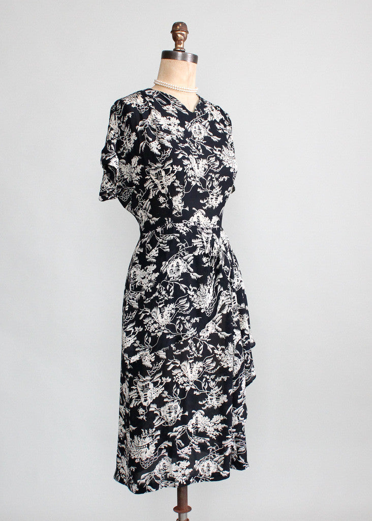 Vintage 1940s Asian Print Rayon Peplum Dress - Raleigh Vintage