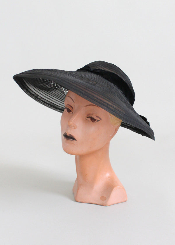 Vintage Early 1950s Wide Brim Black Horse Hair Hat - Raleigh Vintage