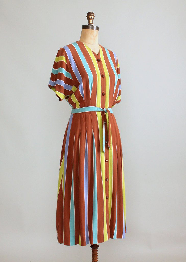 Vintage 1940s Brown Colorful Striped Day Dress - Raleigh Vintage