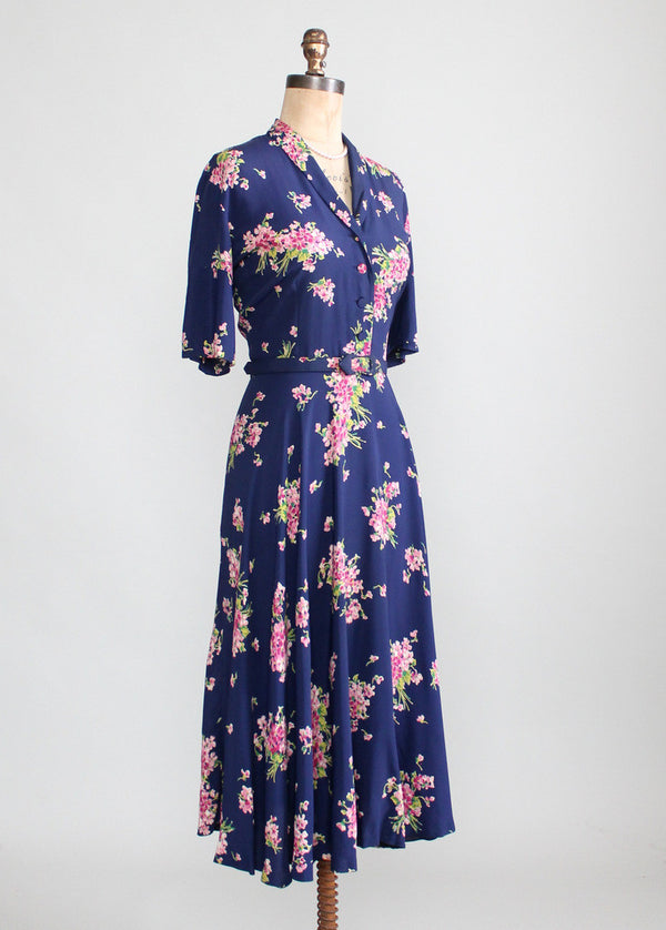 Vintage 1940s Pink Bouquet Floral Rayon Dress - Raleigh Vintage