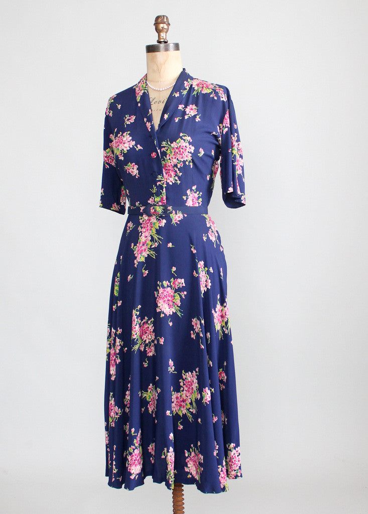 Vintage 1940s Pink Bouquet Floral Rayon Dress - Raleigh Vintage