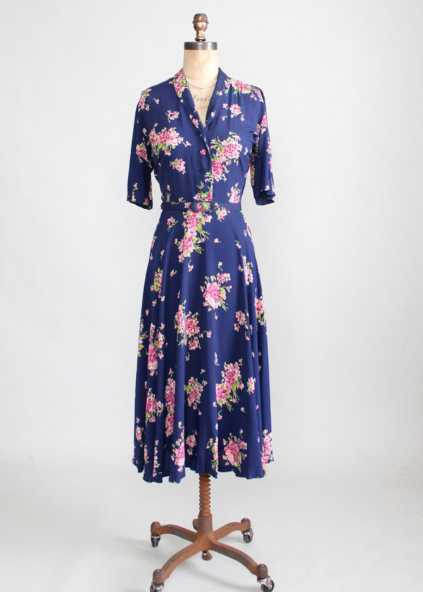 Vintage 1940s Pink Bouquet Floral Rayon Dress - Raleigh Vintage