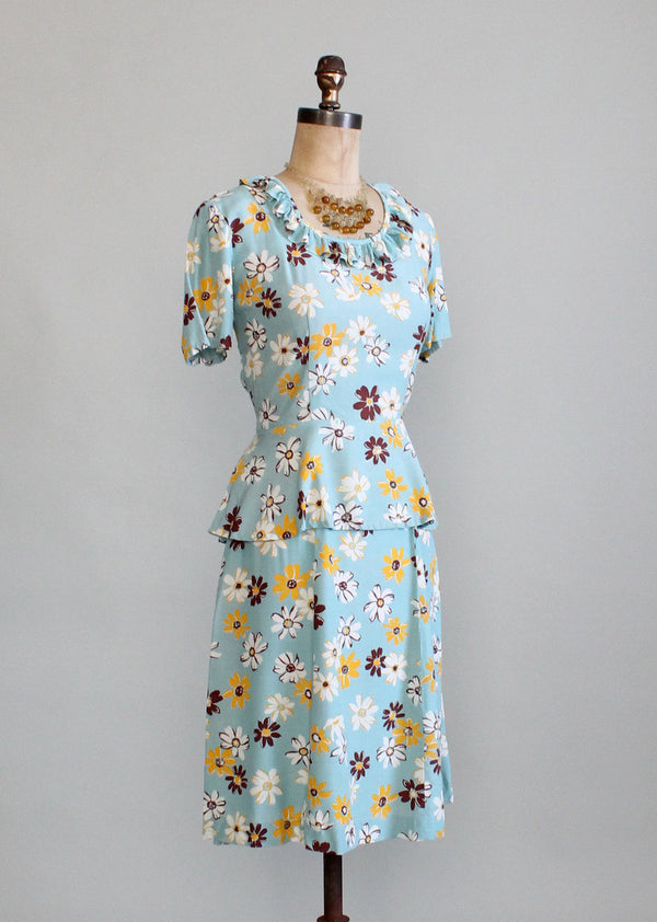 Vintage 1940s Daisy Print Skirt and Peplum Top Set - Raleigh Vintage
