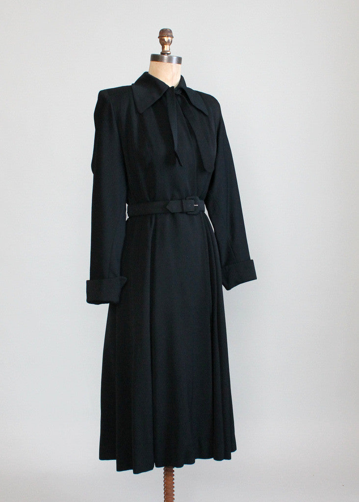 Vintage 1940s Black Wool Gabardine Princess Trench Coat - Raleigh Vintage