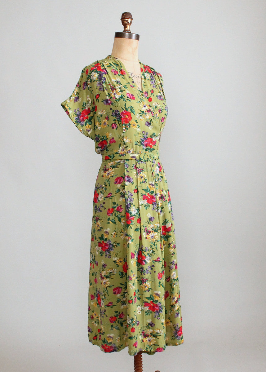 Vintage 1940s Green Floral Rayon Day Dress - Raleigh Vintage
