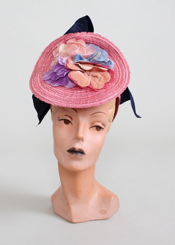Vintage 1930s Dramatic Pink Floral Straw Tilt Hat - Raleigh Vintage