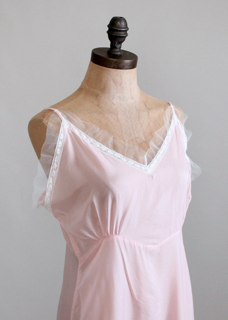 Vintage 1940s Pale Pink Rayon Nightgown with White Mesh Trim | Raleigh ...