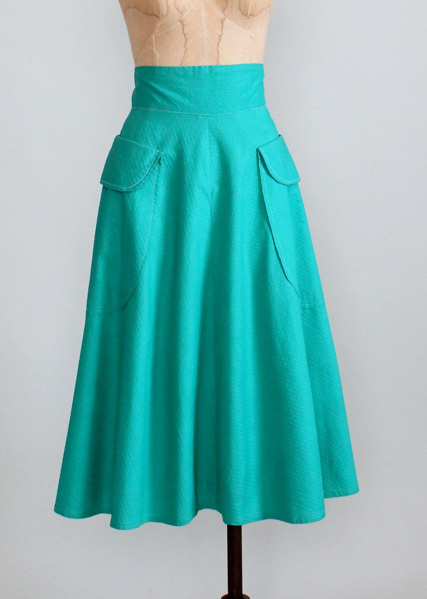 Vintage Early 1950s Teal Cotton Skirt with Pockets - Raleigh Vintage