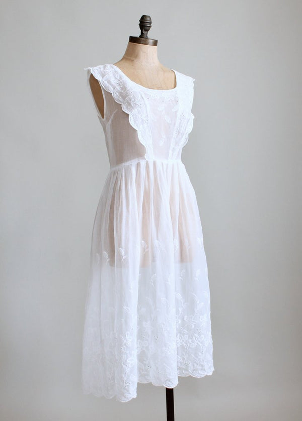Vintage 1940s White Embroidered Organdy Pinafore Dress - Raleigh Vintage