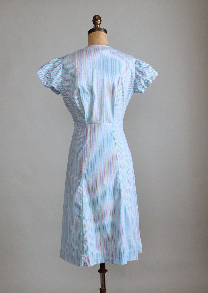 Vintage 1940s Blue Striped Summer Cotton Day Dress | Raleigh Vintage