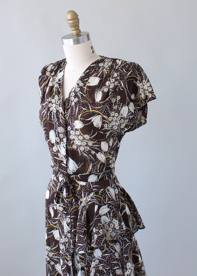 Vintage 1940s Brown Floral Rayon Ruffle Dress - Raleigh Vintage