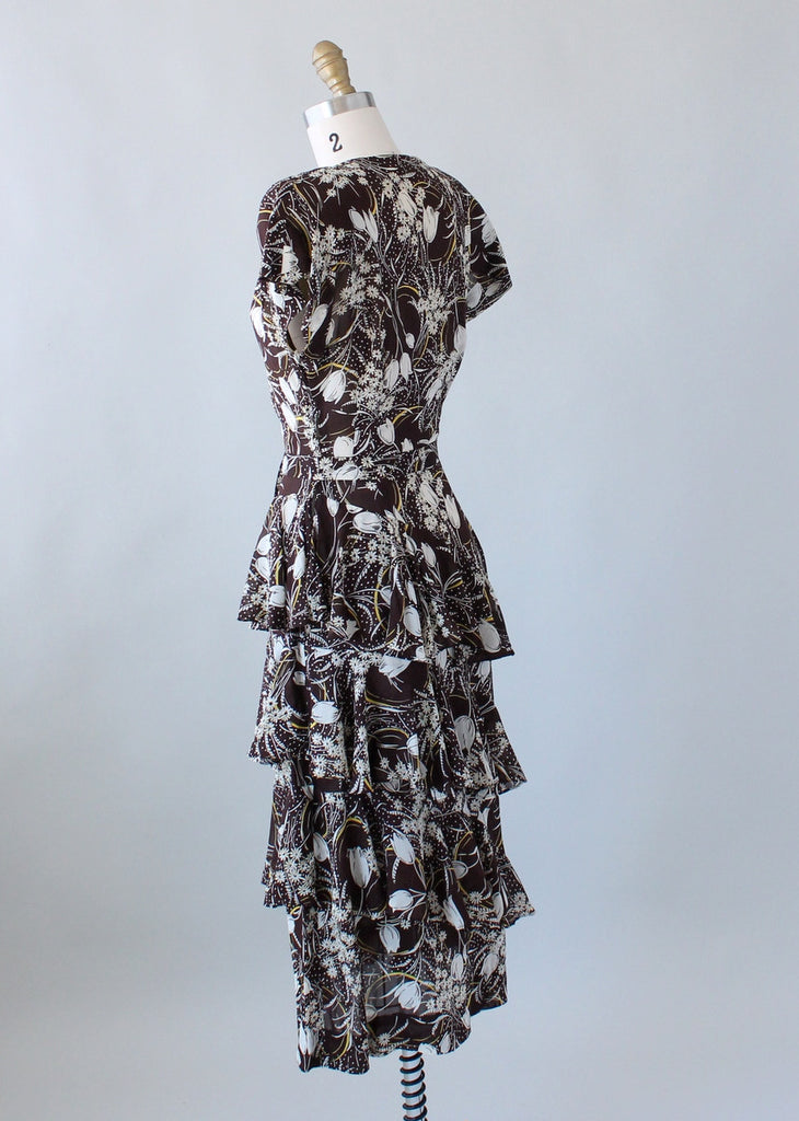 Vintage 1940s Brown Floral Rayon Ruffle Dress | Raleigh Vintage