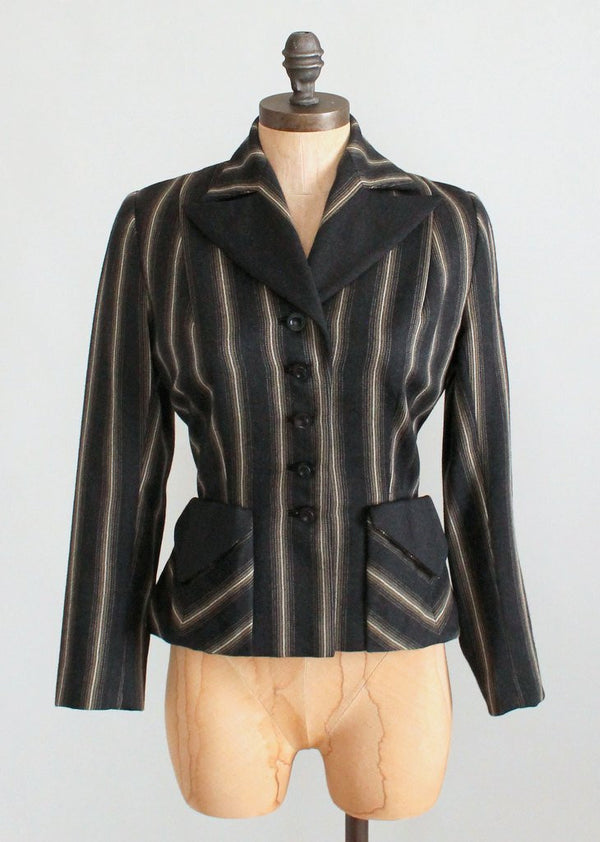 Vintage 1940s Charcoal Grey Striped Nipped Waist Jacket - Raleigh Vintage