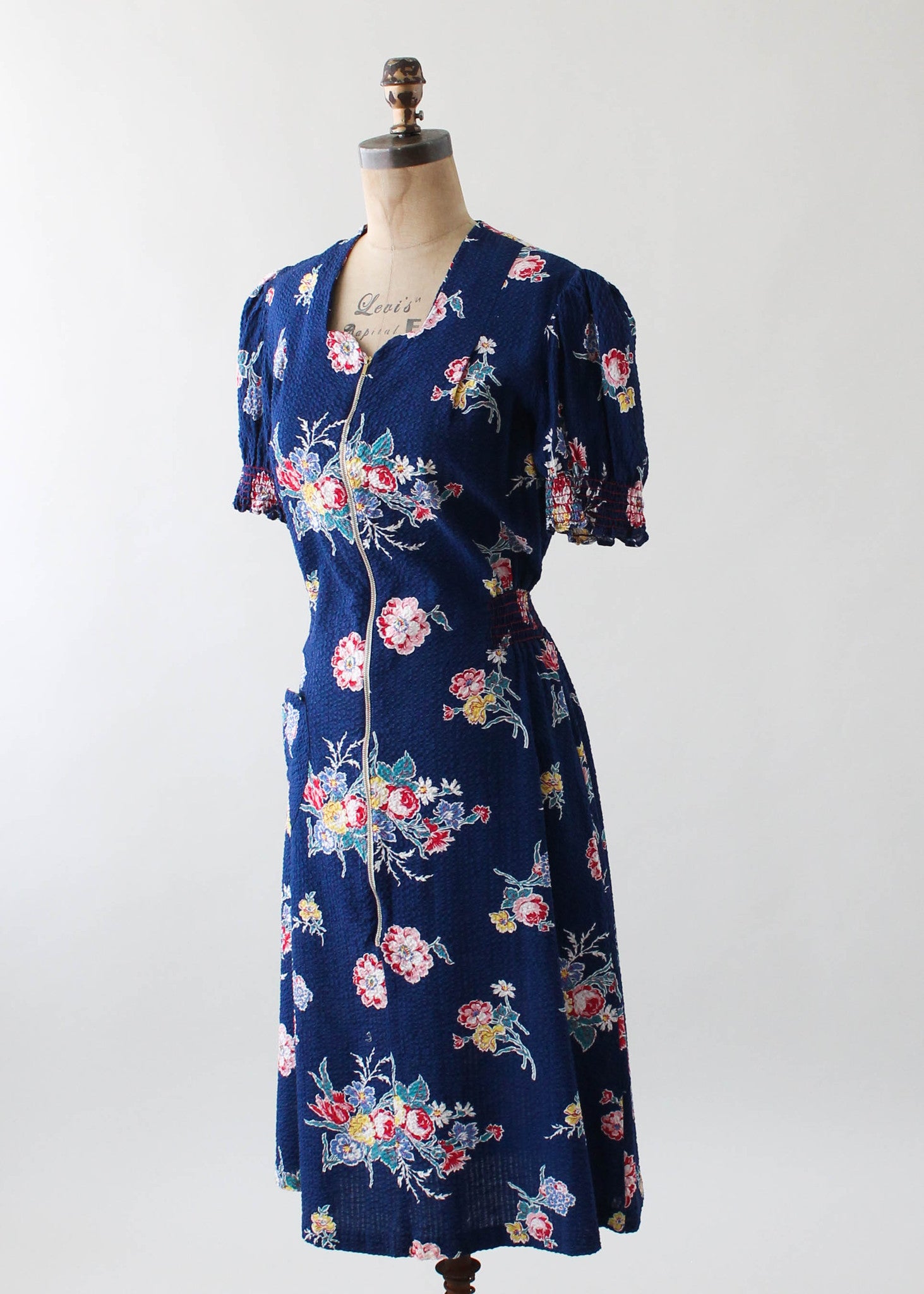Vintage 1940s Floral Cotton Zip Front Day Dress - Raleigh Vintage