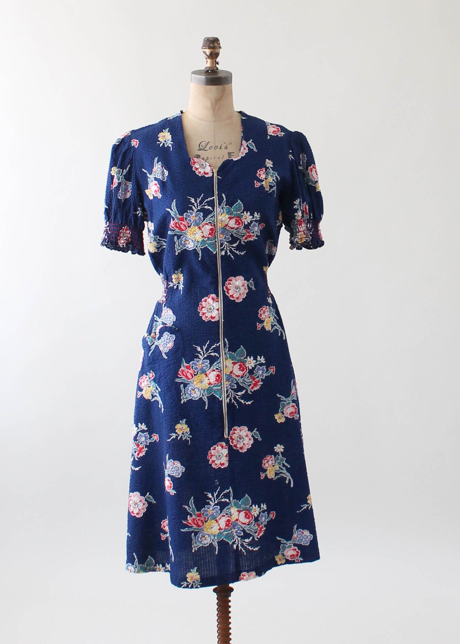 Vintage 1940s Floral Cotton Zip Front Day Dress - Raleigh Vintage