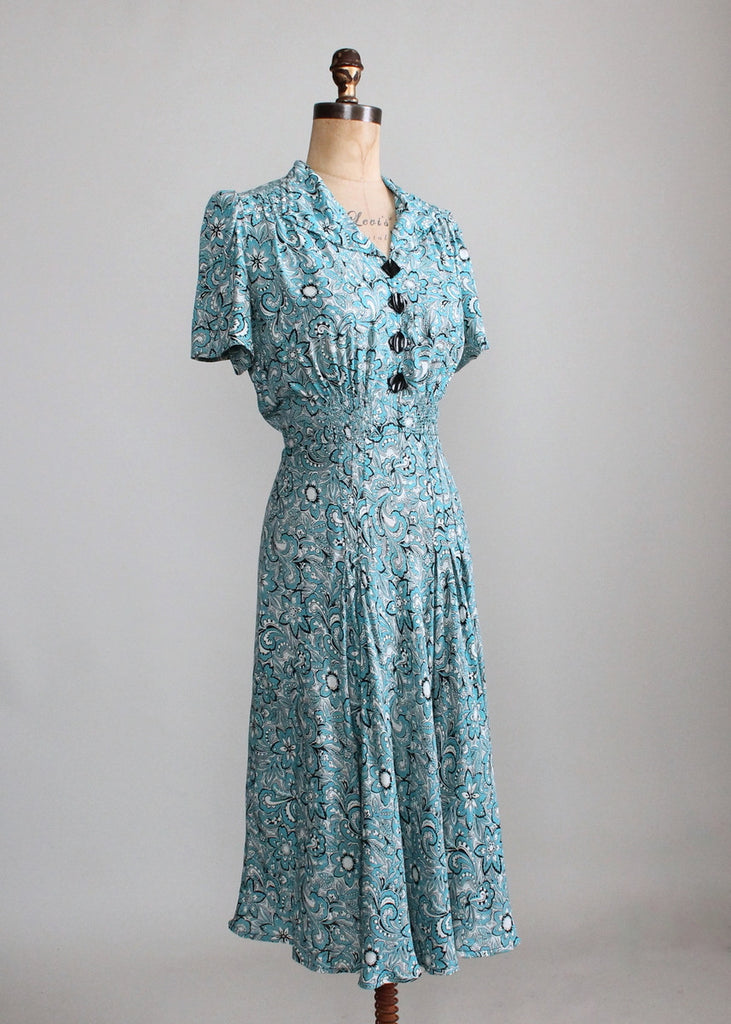 Vintage 1940s Blue and White Floral Print Rayon Day Dress | Raleigh Vintage