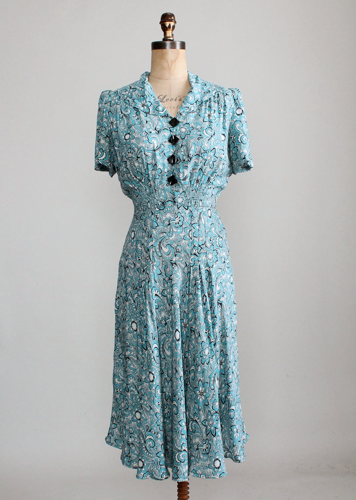 Vintage 1940s Blue and White Floral Print Rayon Day Dress | Raleigh Vintage