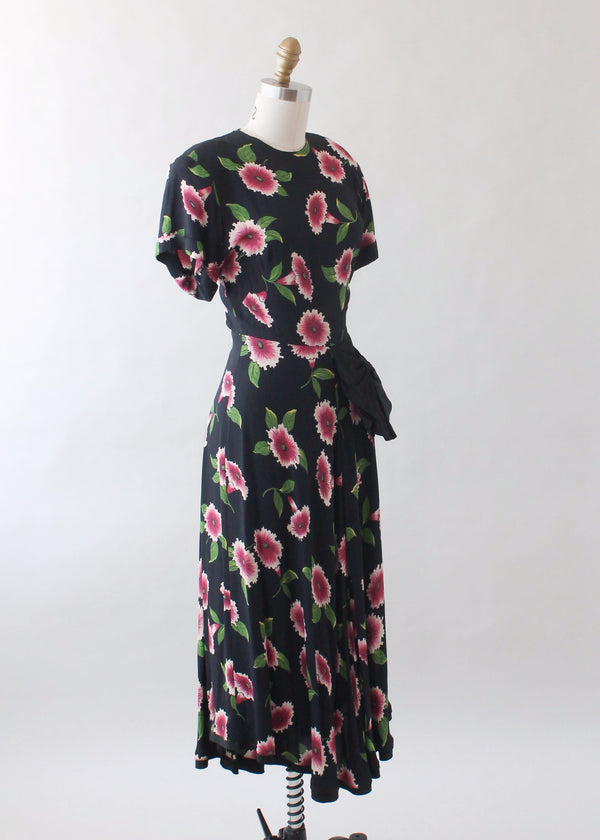 Vintage 1940s Floral Black Rayon Dress - Raleigh Vintage