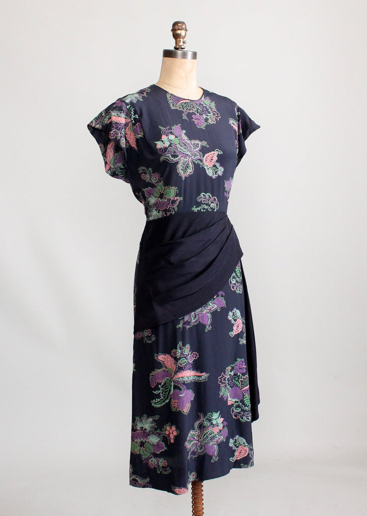 Vintage 1940s Floral Rayon Dress with Swag Front Skirt | Raleigh Vintage