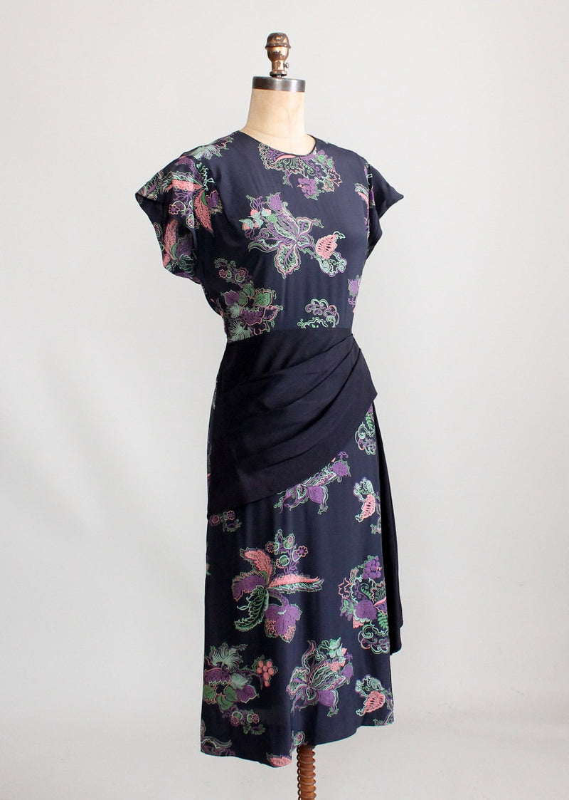 Vintage 1940s Floral Rayon Dress with Swag Front Skirt - Raleigh Vintage