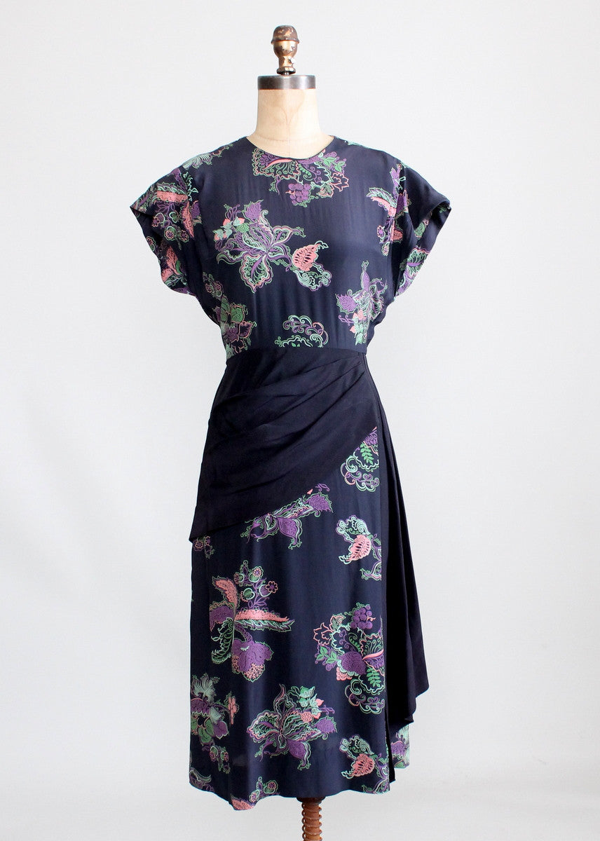 Vintage 1940s Floral Rayon Dress with Swag Front Skirt - Raleigh Vintage