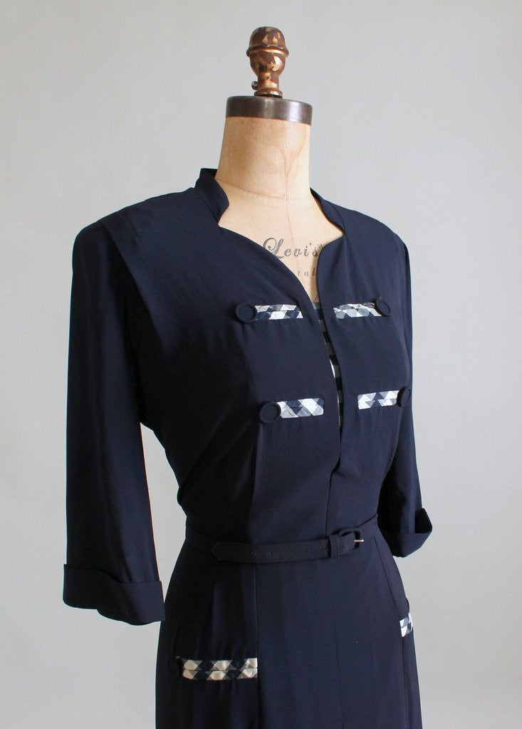 Vintage 1940s Sensibly Young Navy Rayon Day Dress - Raleigh Vintage