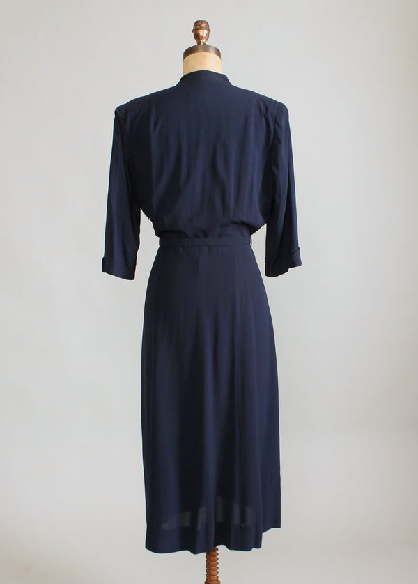 Vintage 1940s Sensibly Young Navy Rayon Day Dress - Raleigh Vintage