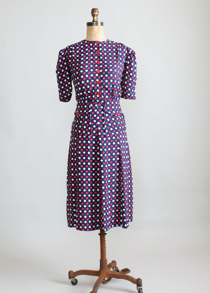 Vintage 1940s Red, White, and Blue Polka Dot Dress - Raleigh Vintage