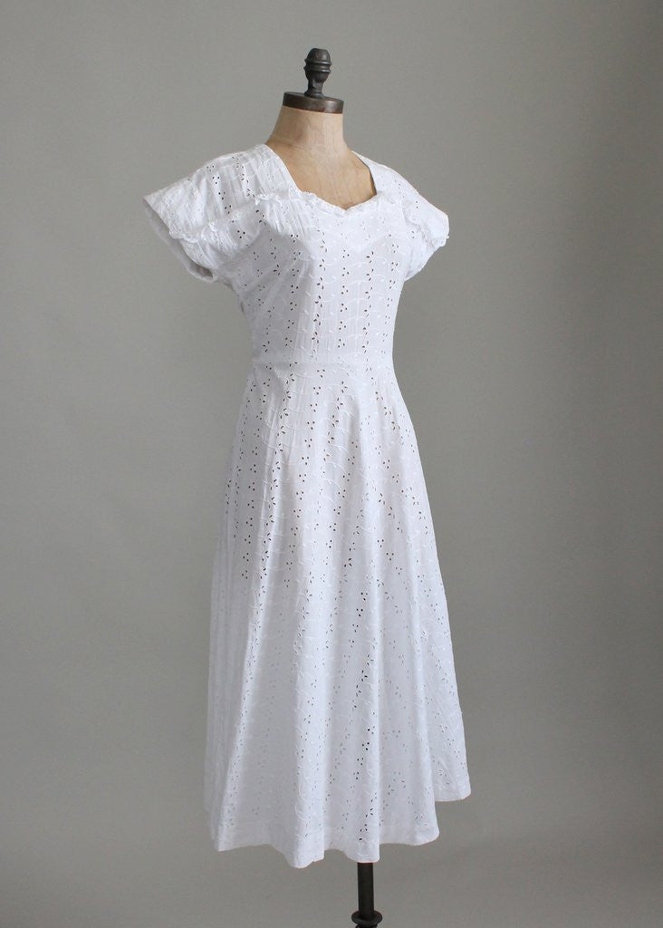 Vintage 1940s Sweetheart Ruffle White Eyelet Dress | Raleigh Vintage