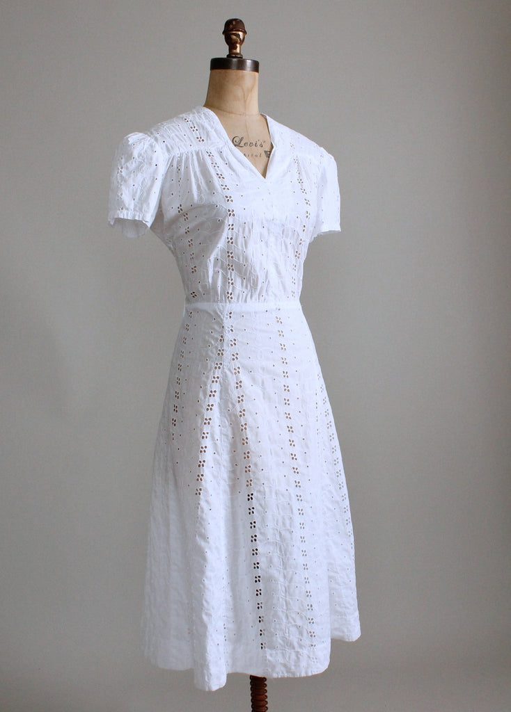Vintage 1940s White Eyelet Cotton Day Dress | Raleigh Vintage