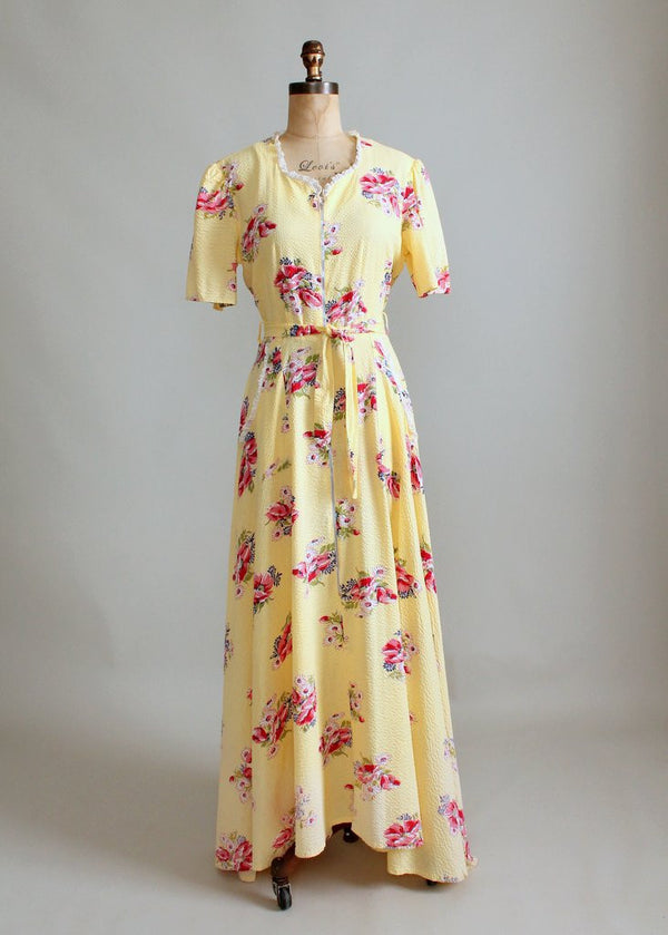 Vintage 1940s Yellow Cotton and Lace Floral House Dress - Raleigh Vintage