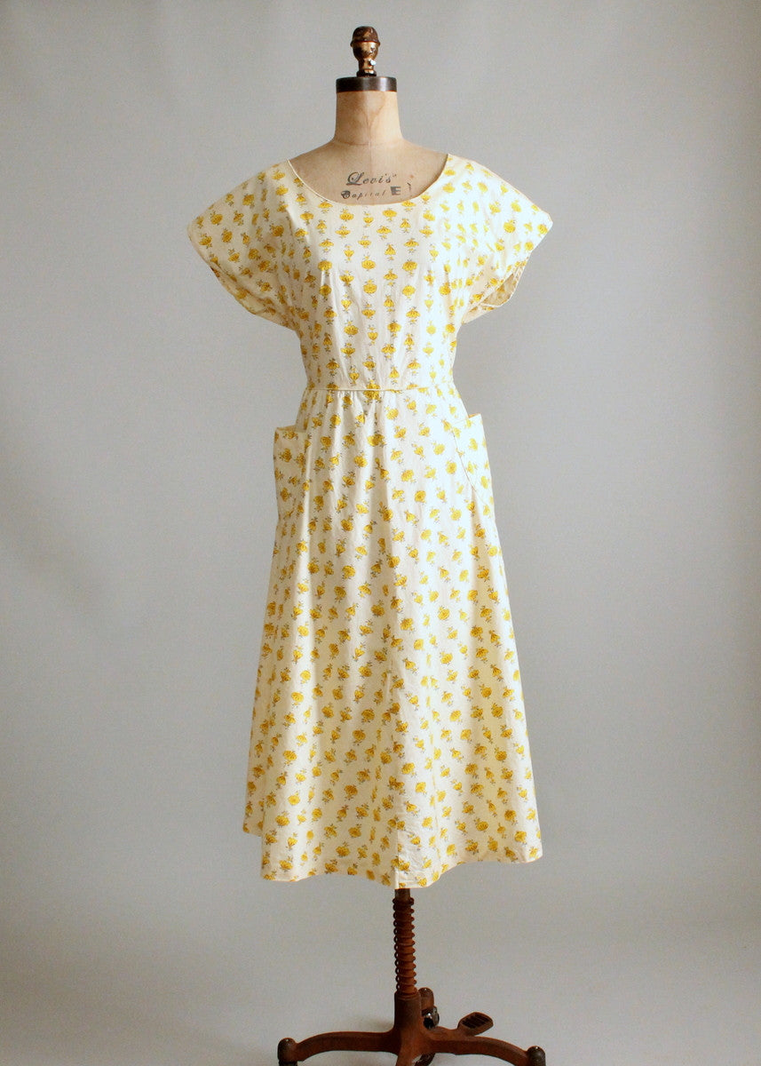 Vintage 1950s Yellow Flower Striped Cotton Day Dress - Raleigh Vintage
