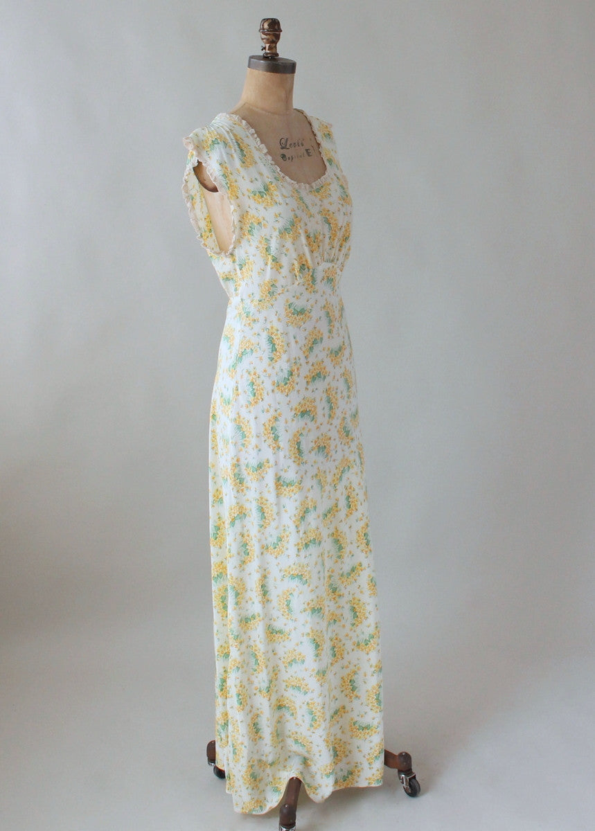 Vintage 1940s Spring Yellow and Green Floral Gown - Raleigh Vintage