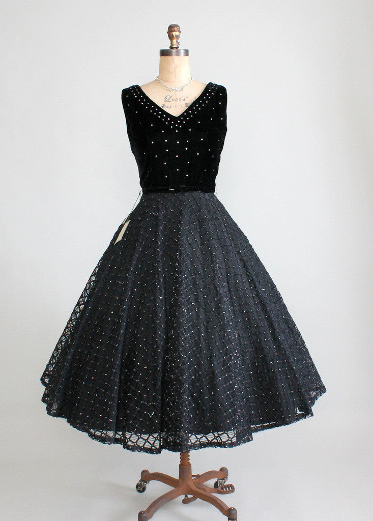 Vintage 1950s Night Sky Velvet and Rhinestone Party Dress | Raleigh Vintage