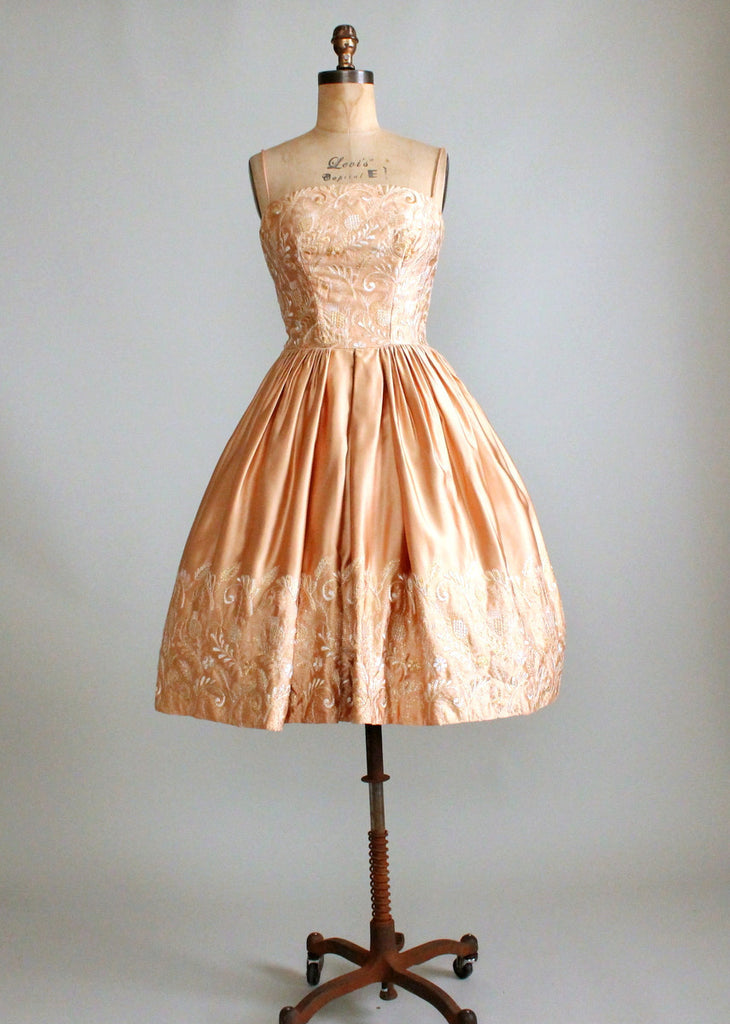 Vintage 1950s Golden Embroidered Satin Party Dress | Raleigh Vintage