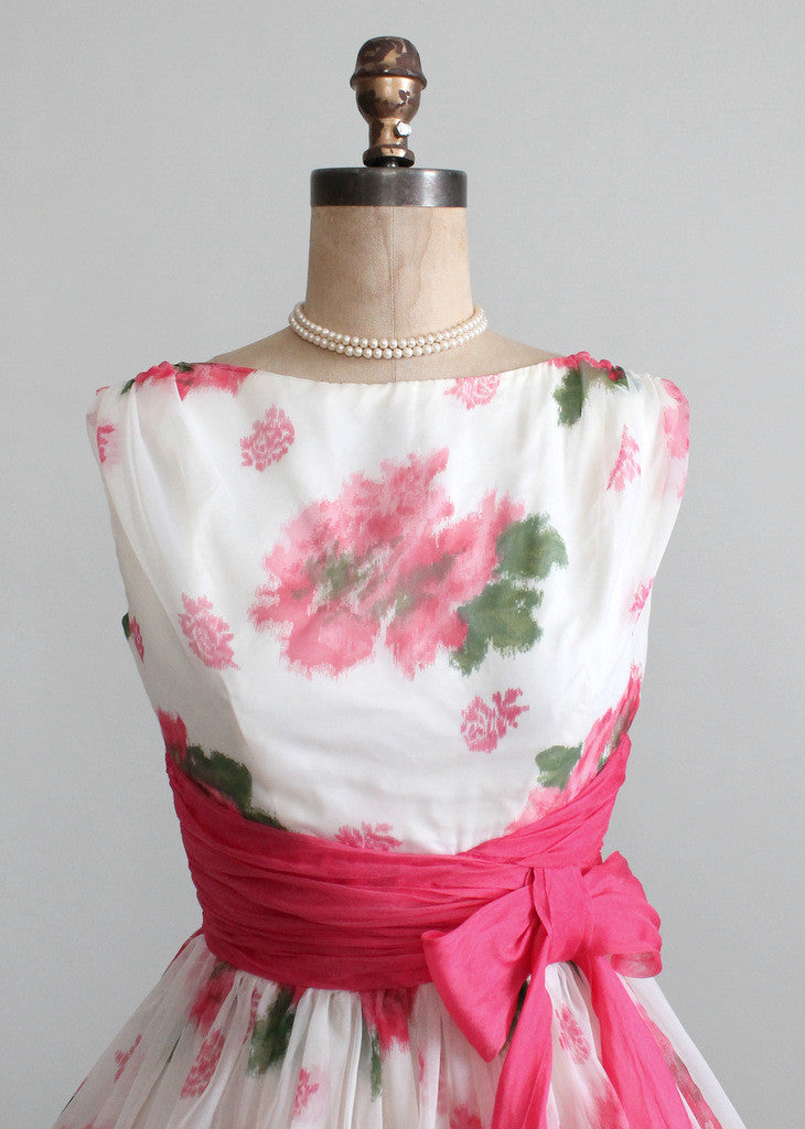 Vintage 1950s Pink Roses Chiffon Party Dress | Raleigh Vintage
