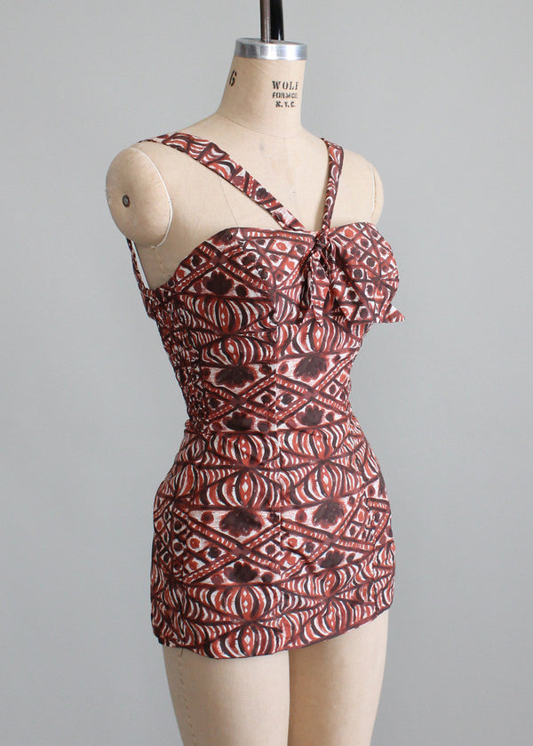 Vintage 1950s Jantzen Tiki Print Bombshell Swimsuit - Raleigh Vintage