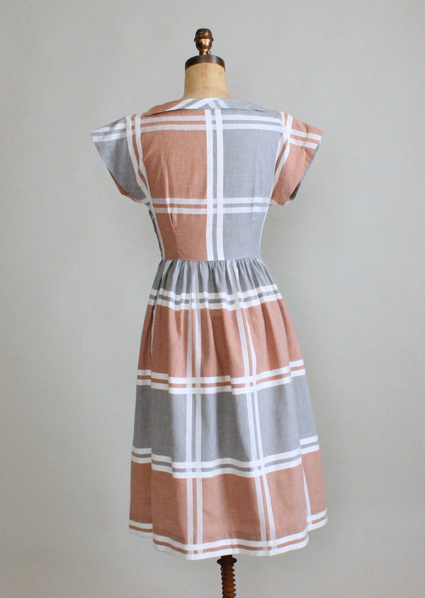 Vintage 1950s Neutral Windowpane Plaid Cotton Dress - Raleigh Vintage
