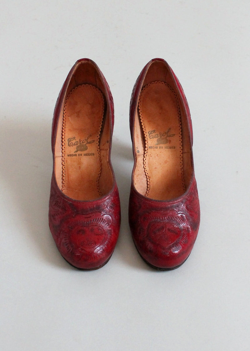 Vintage Early 1950s Mexican Red Tooled Leather Shoes - Raleigh Vintage