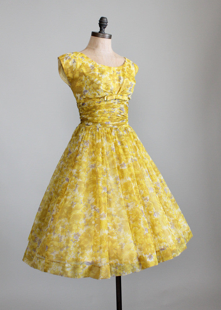 Vintage 1950s Yellow Floral Chiffon Party Dress | Raleigh Vintage