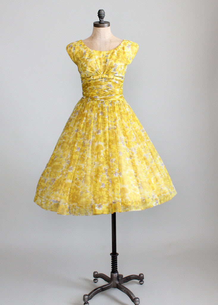 Vintage 1950s Yellow Floral Chiffon Party Dress | Raleigh Vintage