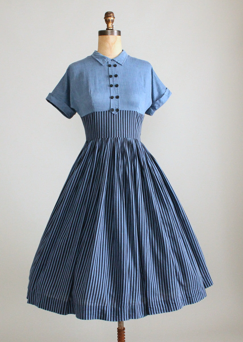 Vintage 1950s Striped Chambray Cotton Day Dress - Raleigh Vintage