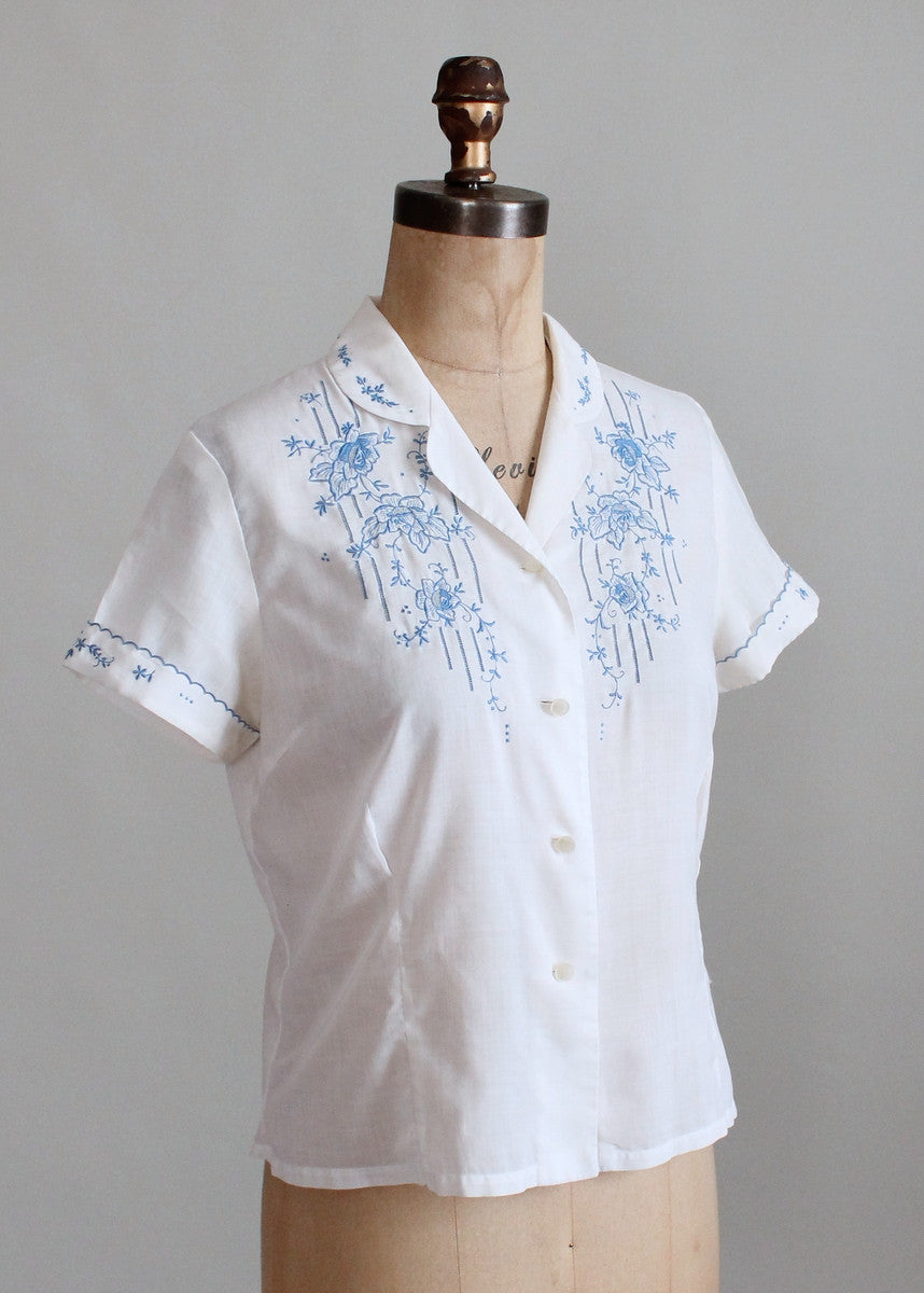 Vintage 1950s White and Blue Embroidered Shirt - Raleigh Vintage