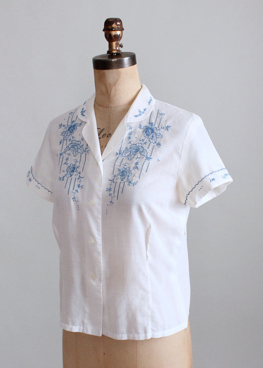 Vintage 1950s White and Blue Embroidered Shirt - Raleigh Vintage