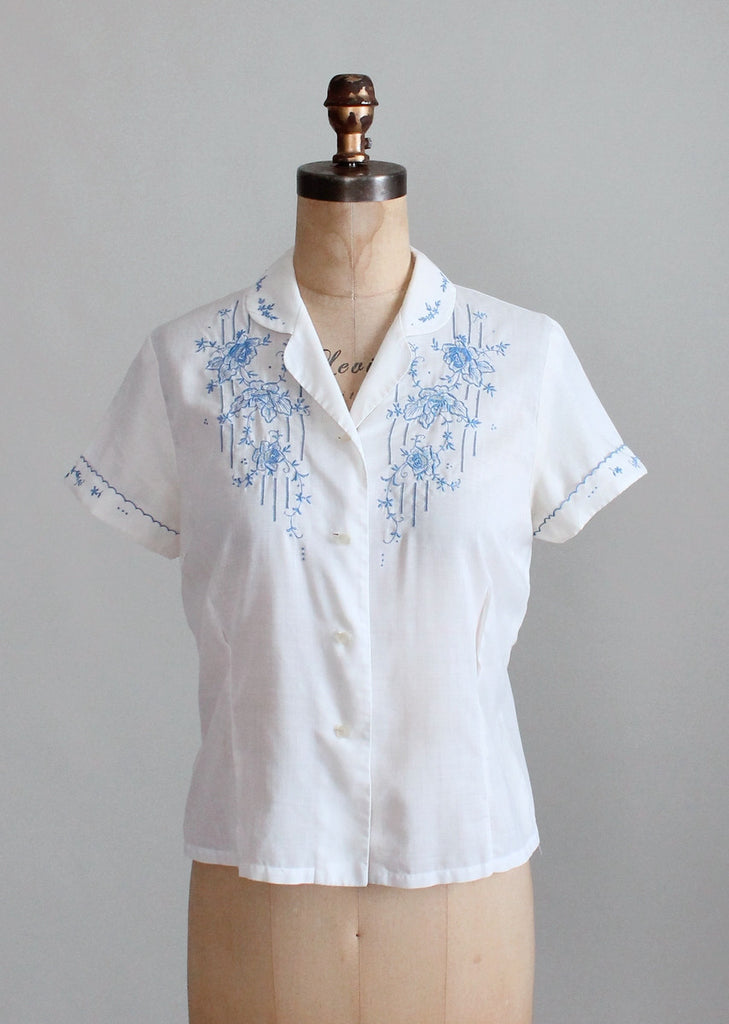 Vintage 1950s White and Blue Embroidered Shirt | Raleigh Vintage