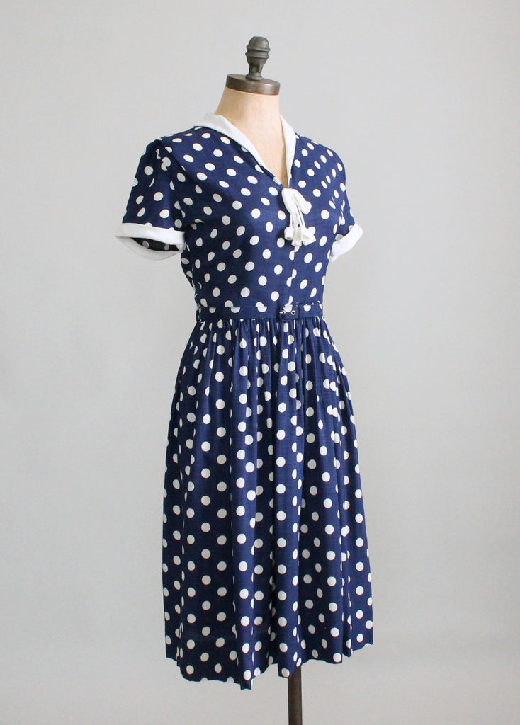Vintage 1950s Navy and White Polka Dot Day Dress | Raleigh Vintage